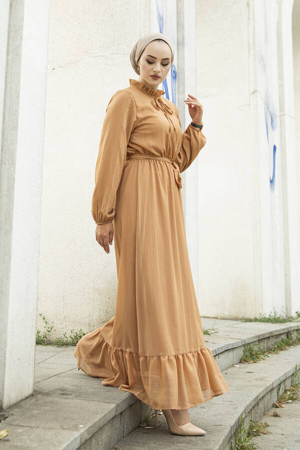 Işıltılı Tesettür Abiye Elbise 100MD-10218 Bal Köpüğü