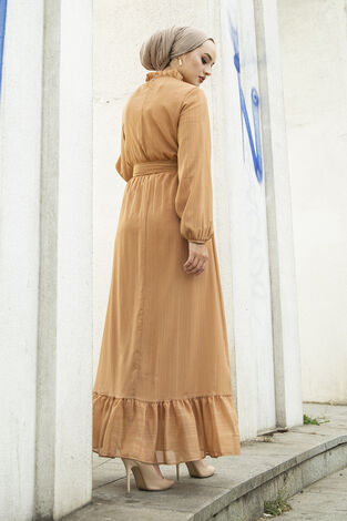 Işıltılı Tesettür Abiye Elbise 100MD-10218 Bal Köpüğü - Thumbnail
