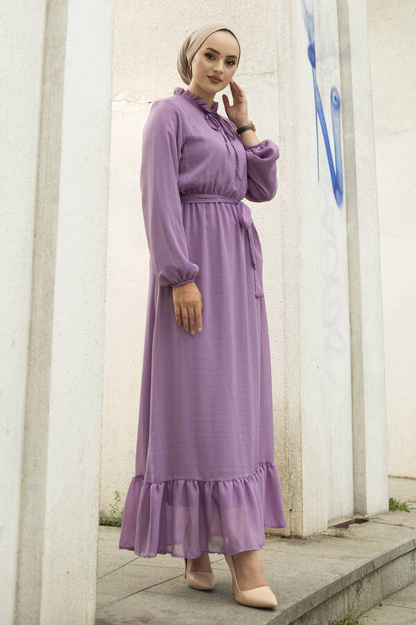 Işıltılı Tesettür Abiye Elbise 100MD-10218 Lila