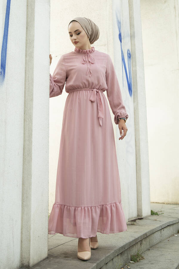 Işıltılı Tesettür Abiye Elbise 100MD-10218 Pembe