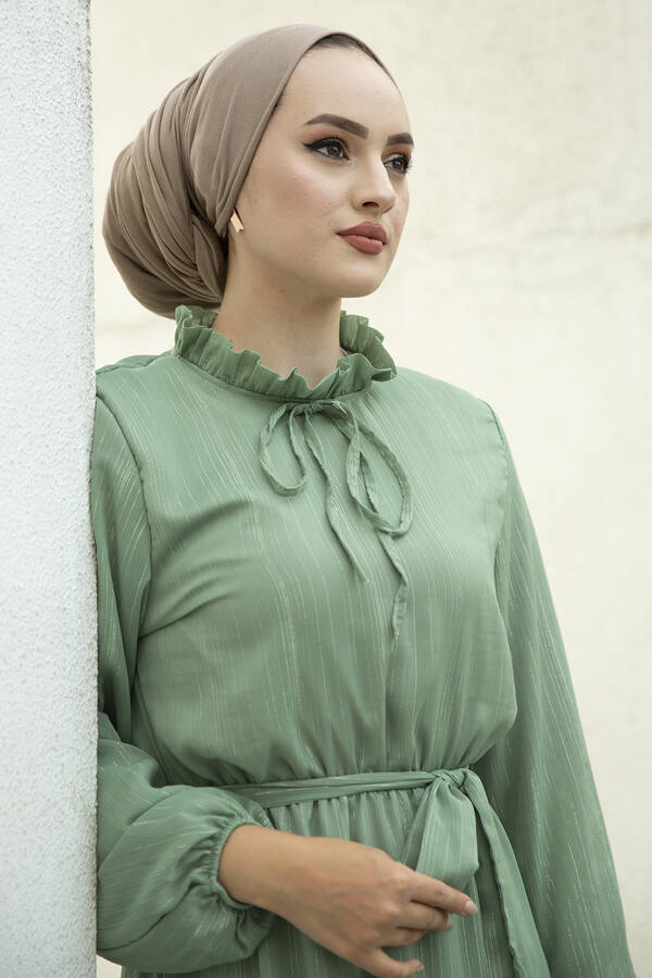 Işıltılı Tesettür Abiye Elbise 100MD-10218 Yeşil