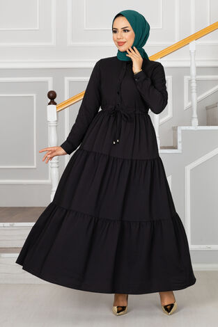 Juliet Eteği Fırfırlı Tesettür Elbise Siyah - Thumbnail