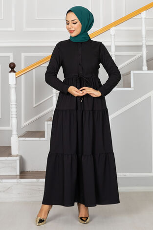 Juliet Eteği Fırfırlı Tesettür Elbise Siyah - Thumbnail