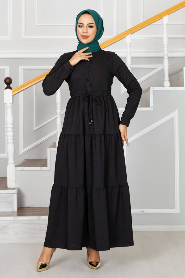 Juliet Eteği Fırfırlı Tesettür Elbise Siyah
