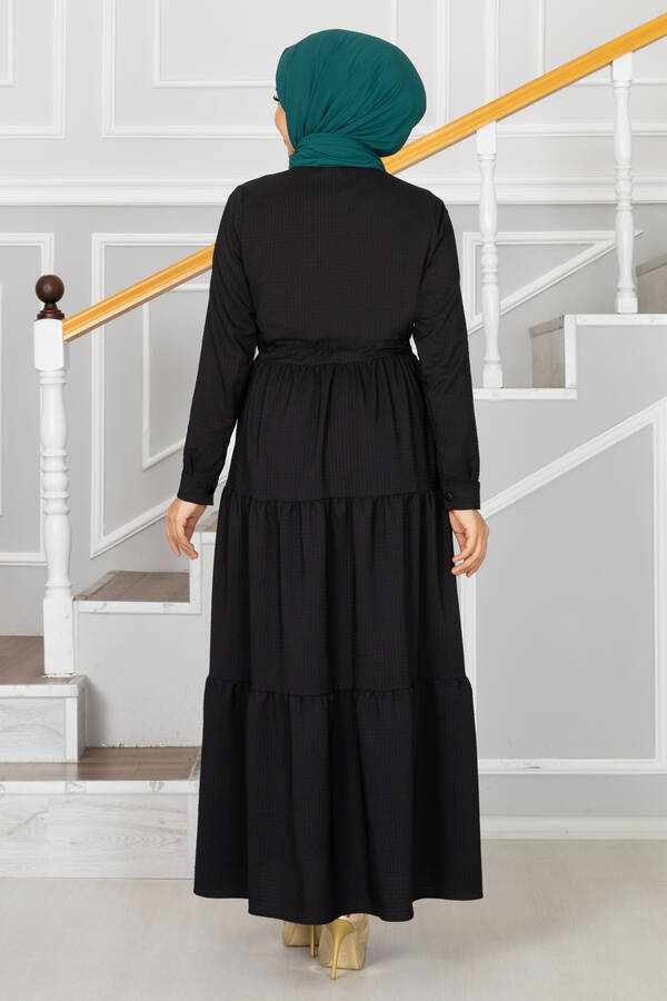 Juliet Eteği Fırfırlı Tesettür Elbise Siyah