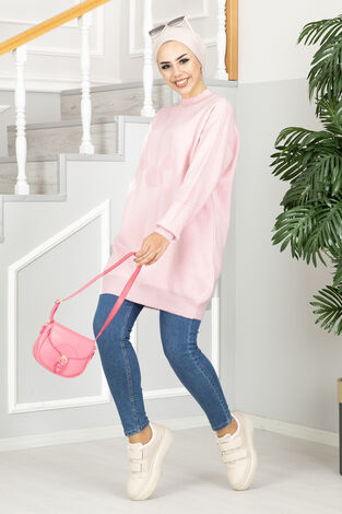Kabartma Detaylı Tesettür Tunik Toz Pembe - Thumbnail