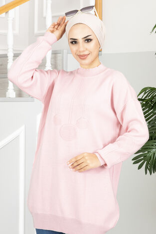Kabartma Detaylı Tesettür Tunik Toz Pembe - Thumbnail