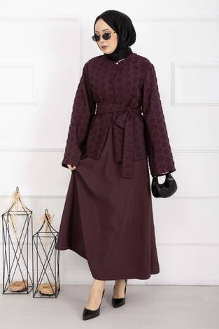 Kabartma Dokulu Kuşaklı Etek Takım Bordo - Thumbnail