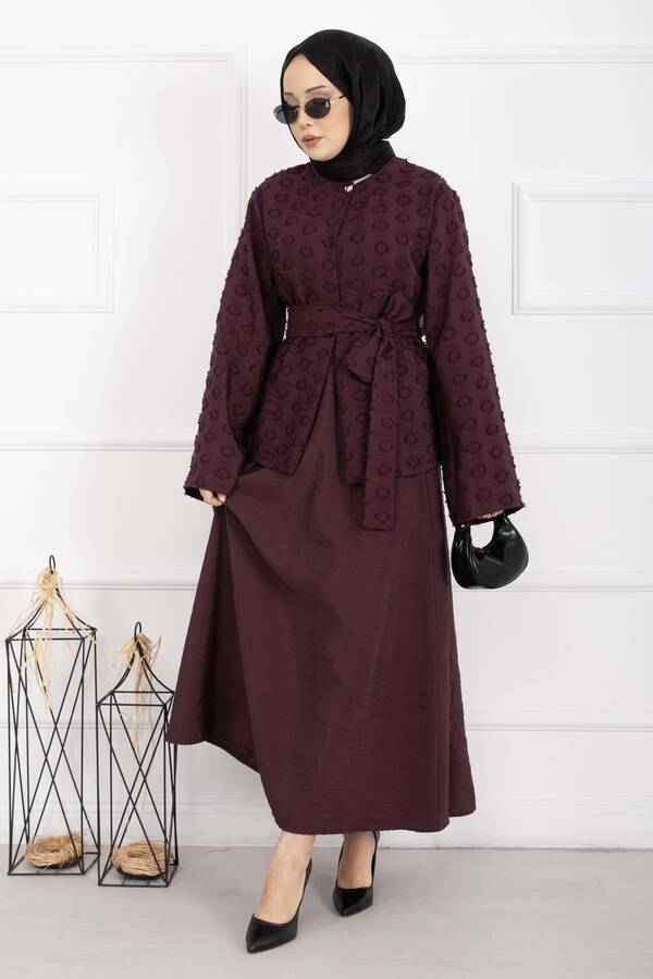 Efl - Kabartma Dokulu Kuşaklı Etek Takım Bordo