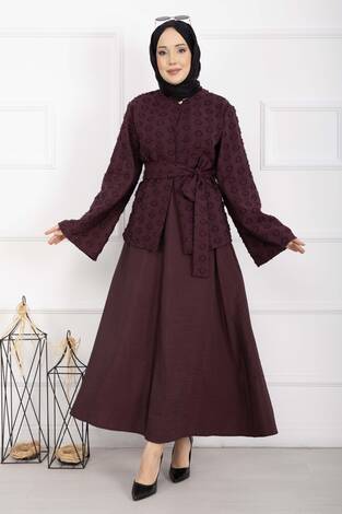 Kabartma Dokulu Kuşaklı Etek Takım Bordo - Thumbnail