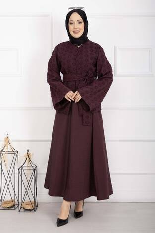 Kabartma Dokulu Kuşaklı Etek Takım Bordo - Thumbnail