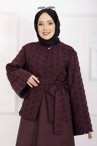 Kabartma Dokulu Kuşaklı Etek Takım Bordo - Thumbnail