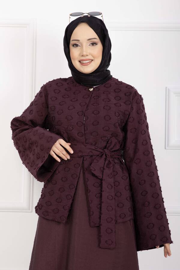 Efl - Kabartma Dokulu Kuşaklı Etek Takım Bordo (1)