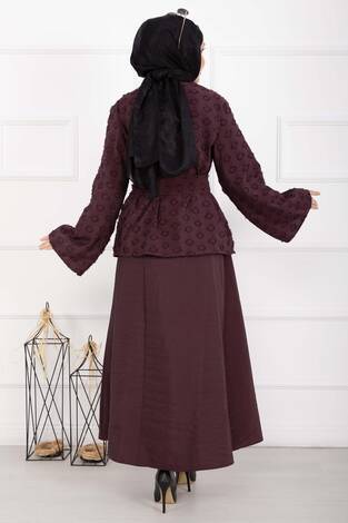 Kabartma Dokulu Kuşaklı Etek Takım Bordo - Thumbnail