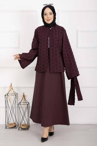Kabartma Dokulu Kuşaklı Etek Takım Bordo - Thumbnail