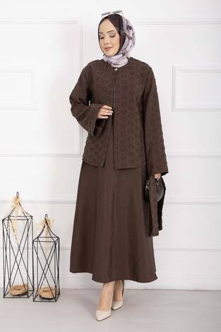 Kabartma Dokulu Kuşaklı Etek Takım Kahve - Thumbnail