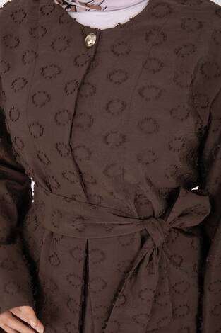 Kabartma Dokulu Kuşaklı Etek Takım Kahve - Thumbnail