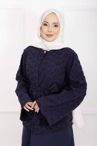 Kabartma Dokulu Kuşaklı Etek Takım Lacivert - Thumbnail