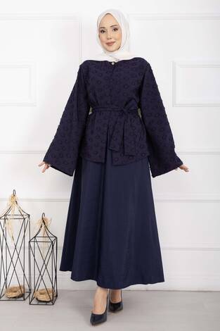 Kabartma Dokulu Kuşaklı Etek Takım Lacivert