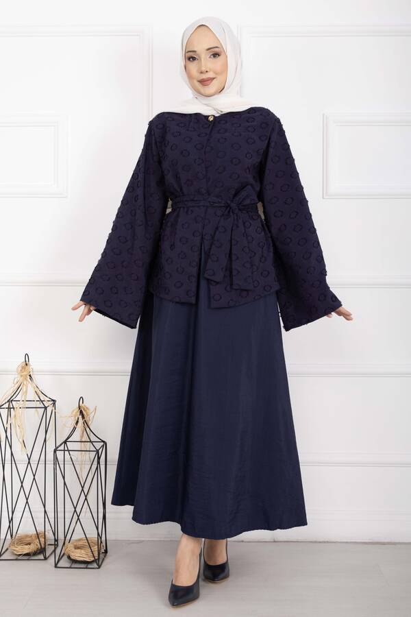 Efl - Kabartma Dokulu Kuşaklı Etek Takım Lacivert