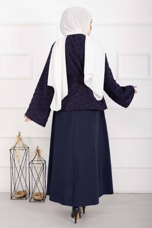 Kabartma Dokulu Kuşaklı Etek Takım Lacivert - Thumbnail