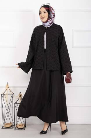 Kabartma Dokulu Kuşaklı Etek Takım Siyah - Thumbnail