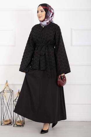 Kabartma Dokulu Kuşaklı Etek Takım Siyah - Thumbnail