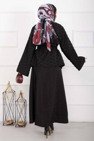 Kabartma Dokulu Kuşaklı Etek Takım Siyah - Thumbnail