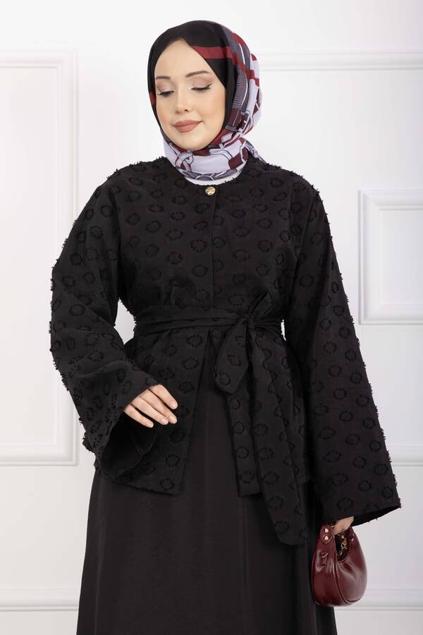 Efl - Kabartma Dokulu Kuşaklı Etek Takım Siyah (1)