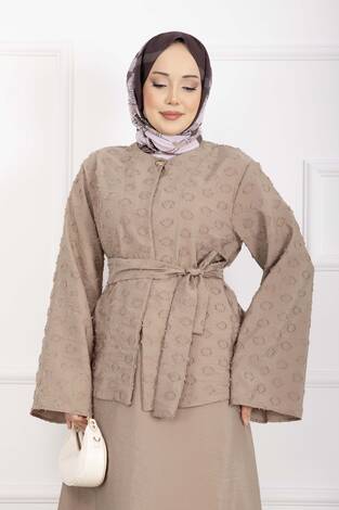 Kabartma Dokulu Kuşaklı Etek Takım Vizon - Thumbnail