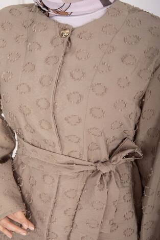 Kabartma Dokulu Kuşaklı Etek Takım Vizon - Thumbnail