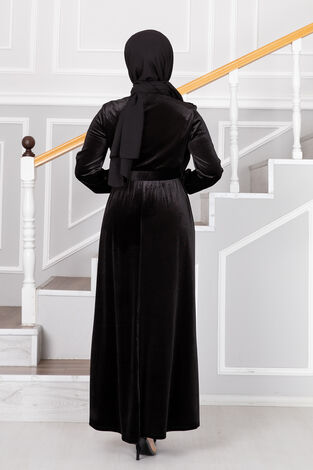 Kadife Taş Detaylı Tesettür Elbise Siyah - Thumbnail