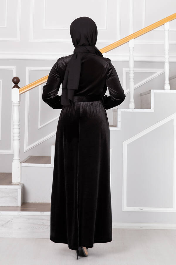 Kadife Taş Detaylı Tesettür Elbise Siyah
