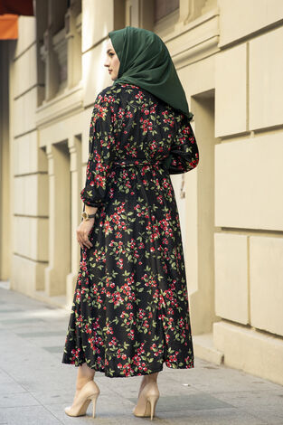 Çiçekli Kadife Yarasa Kol Elbise Desenli1 - Thumbnail