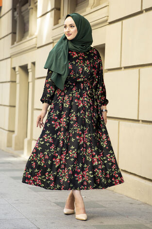 Çiçekli Kadife Yarasa Kol Elbise Desenli1 - Thumbnail