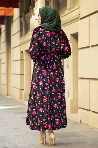 Çiçekli Kadife Yarasa Kol Elbise Desenli2 - Thumbnail