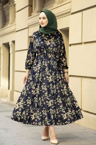 Çiçekli Kadife Yarasa Kol Elbise Desenli3 - Thumbnail