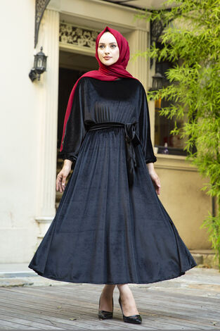 Kadife Yarasa Kol Tesettür Elbise Siyah - Thumbnail