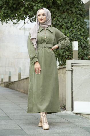 Kadife Fitilli Elbise 100MD10110 Çağla Yeşili - Thumbnail