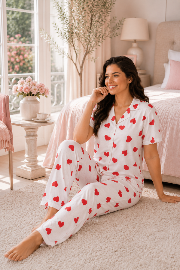 Fms - Kalp Desen Büyük Beden Pijama Takımı Beyaz