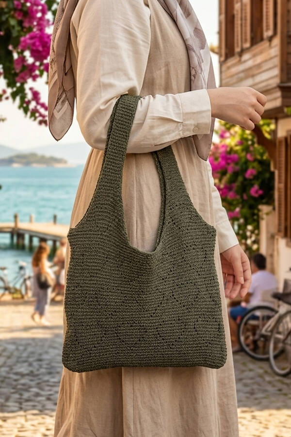 Krd - Kalp Motifli Örme Yaz Çantası Haki