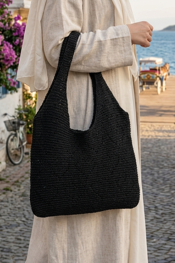 Krd - Kalp Motifli Örme Yaz Çantası Siyah