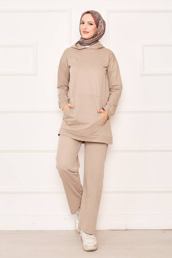 CVN - Kanguru Cep Ve Kapüşon Detaylı İkili Takım Bej (1)