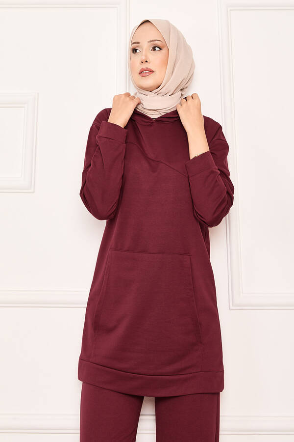 CVN - Kanguru Cep Ve Kapüşon Detaylı İkili Takım Bordo (1)