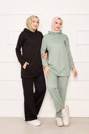 Kanguru Cep Ve Kapüşon Detaylı İkili Takım Mint