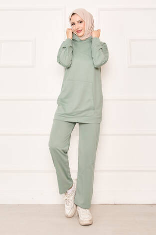 Kanguru Cep Ve Kapüşon Detaylı İkili Takım Mint - Thumbnail