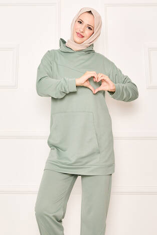 Kanguru Cep Ve Kapüşon Detaylı İkili Takım Mint - Thumbnail