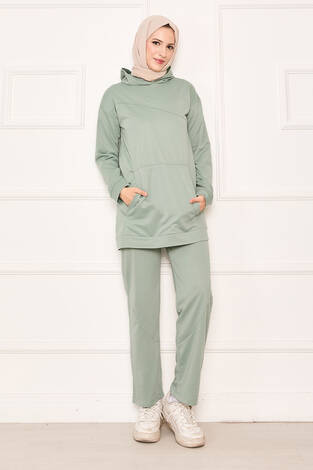 Kanguru Cep Ve Kapüşon Detaylı İkili Takım Mint - Thumbnail