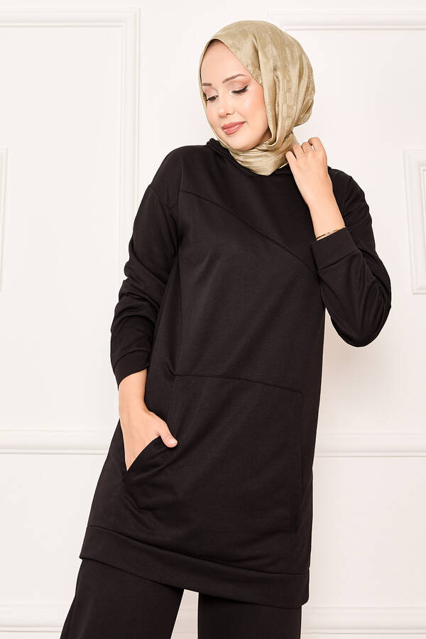 CVN - Kanguru Cep Ve Kapüşon Detaylı İkili Takım Siyah (1)