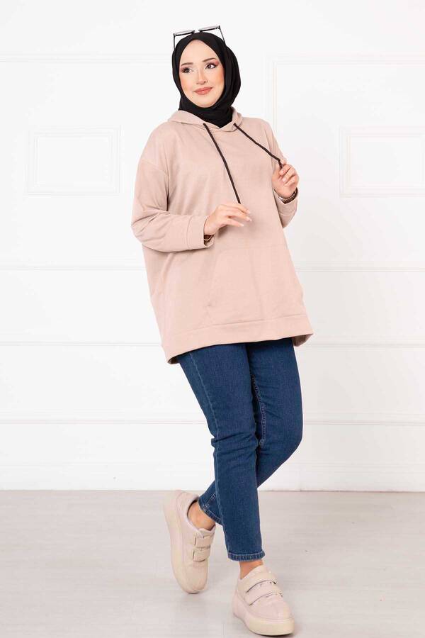Kanguru Cepli Tesettür Sweatshirt Bej - 3